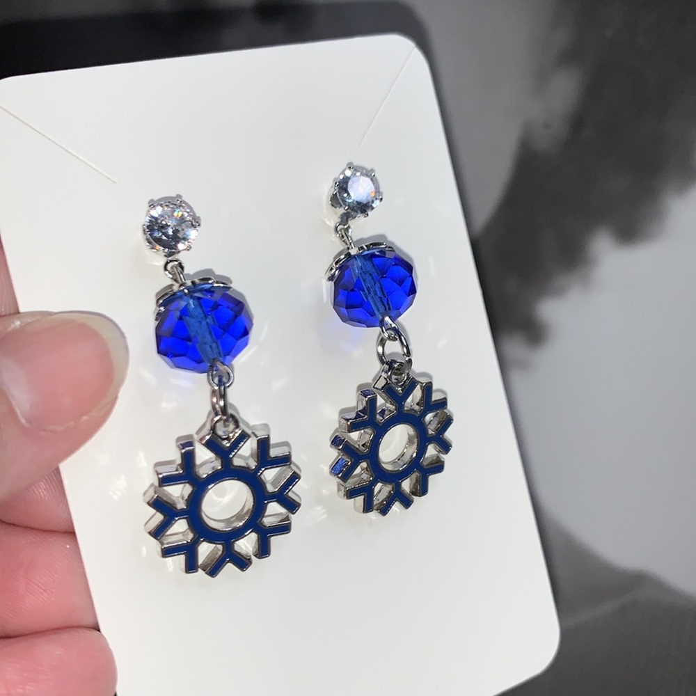 New Hand Crafted Snowflake Dangling Stud Post Earrings with Blue Glass Beads - Picture 5 of 12